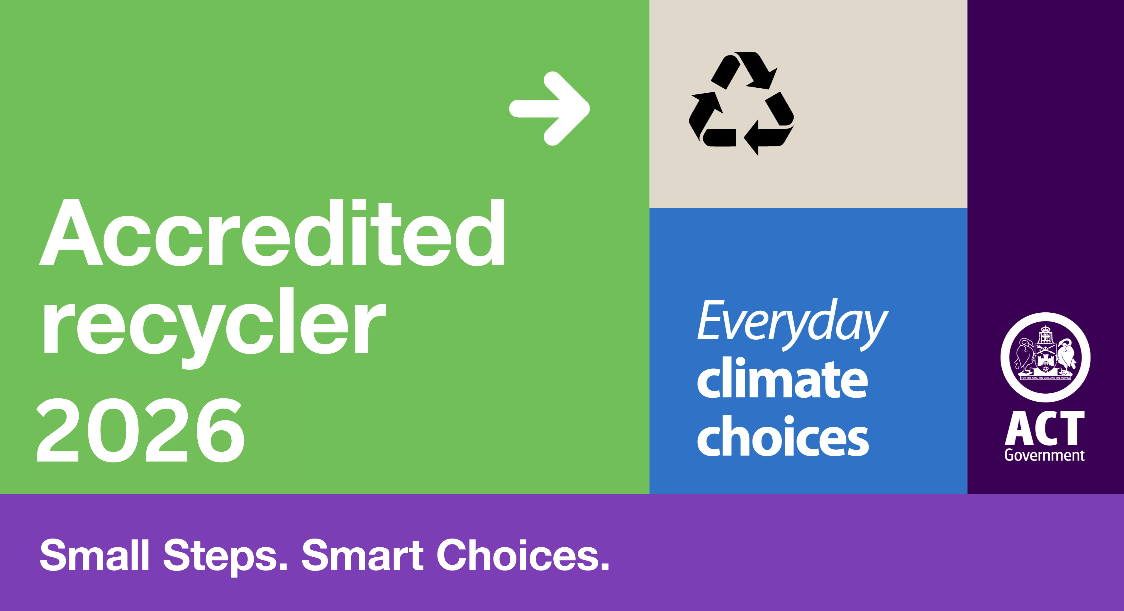 Accredited recycler 2026 — Everyday climate choices, ACT Government. Small Steps. Smart Choices.